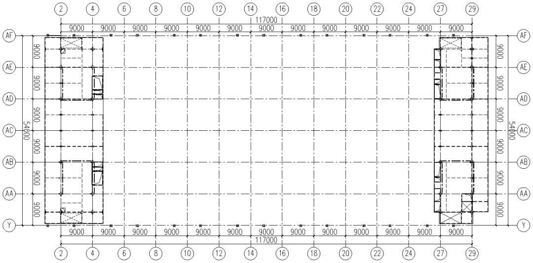 Exhibition hall standard floor plan (red line indicates flexural restraint support)